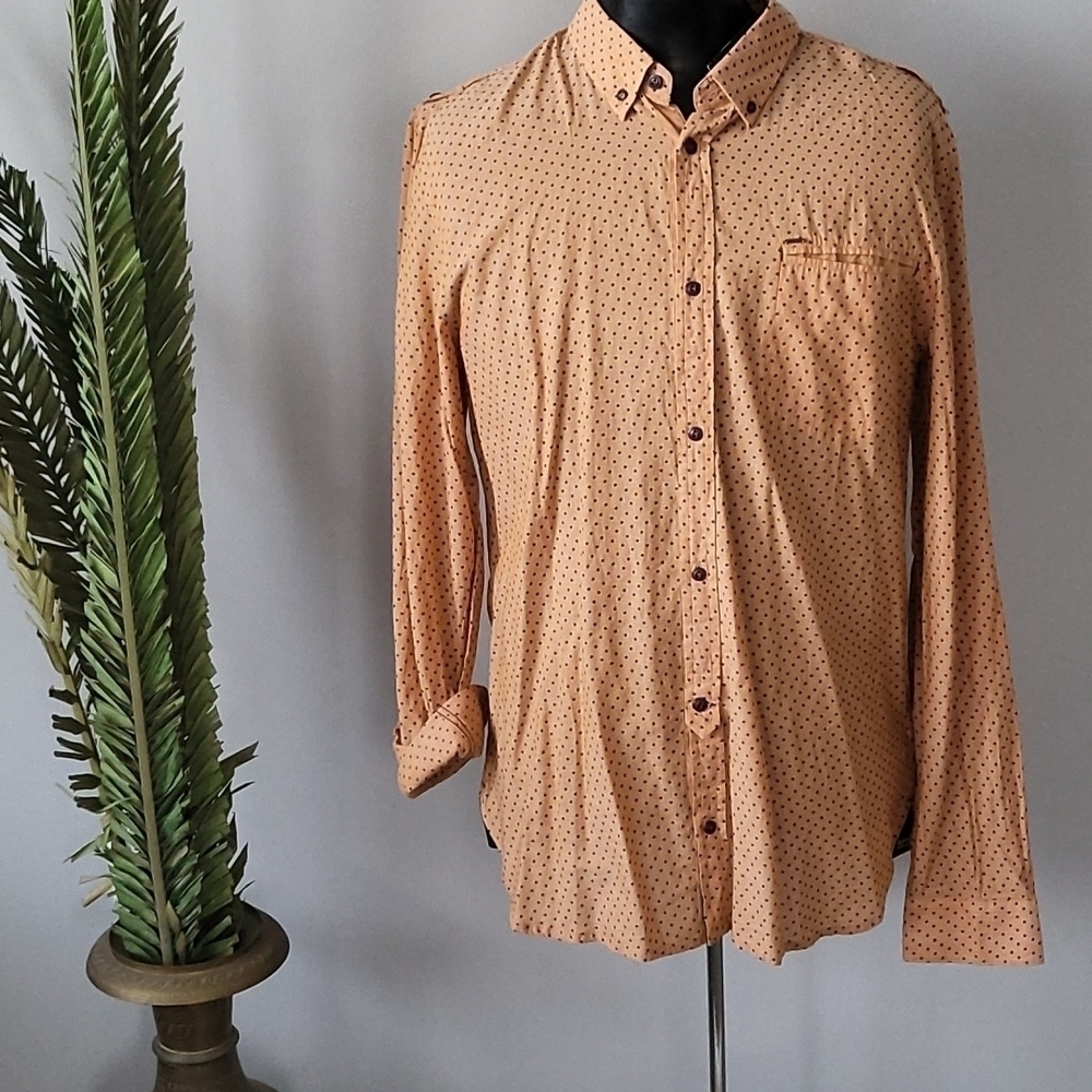 Buffalo David Bitton mustard orange factory distressed polka dot button down NWT